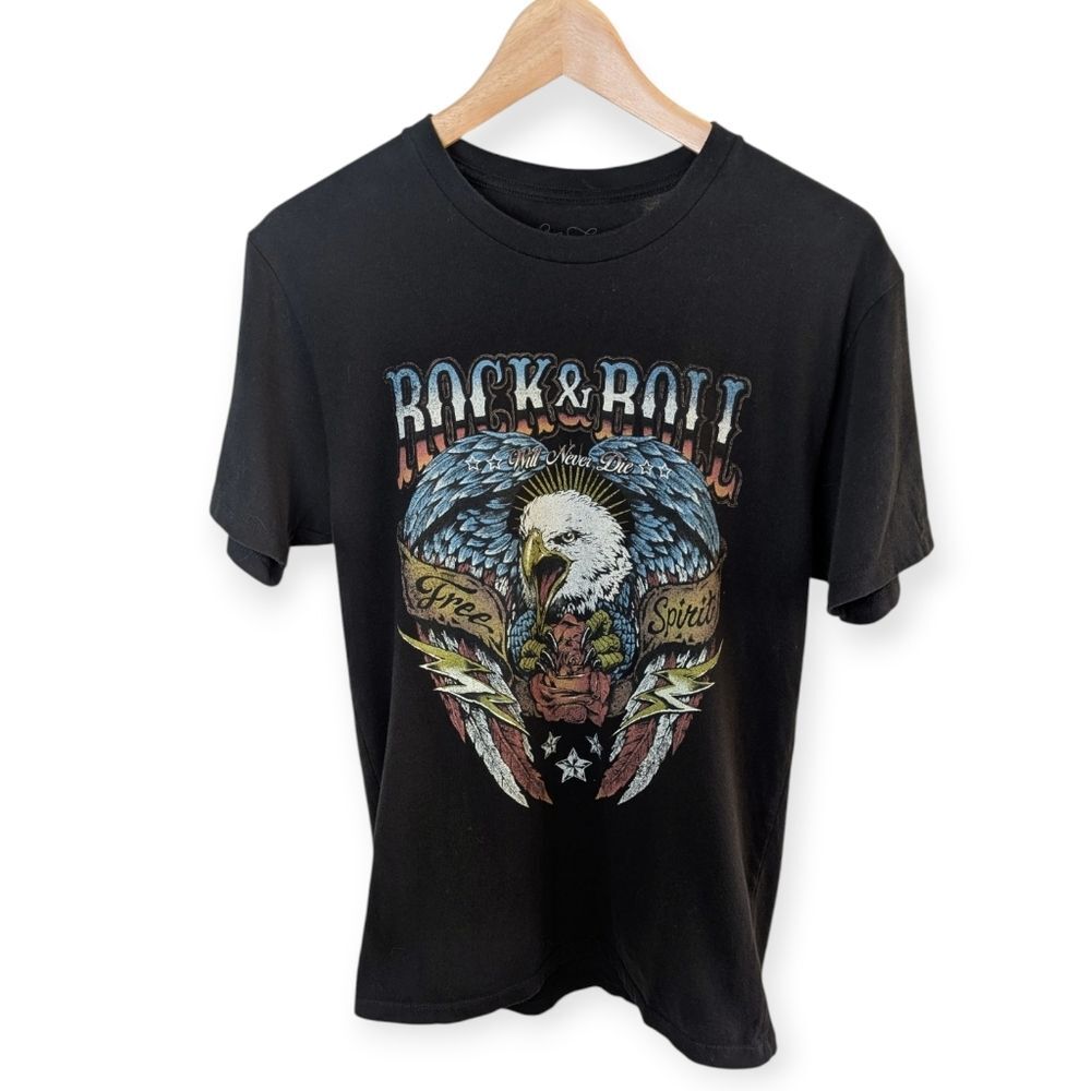 Lotus Fashion Rock and Roll Eagle Graphic T-shirt Black Small